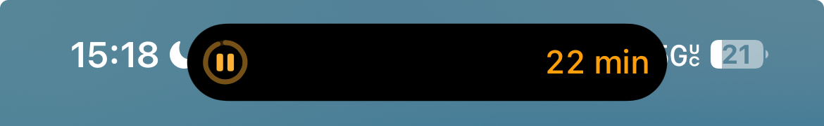 iPhone 13 screenshot showing an expanded timer island overlapping the original time, cellular and battery positions