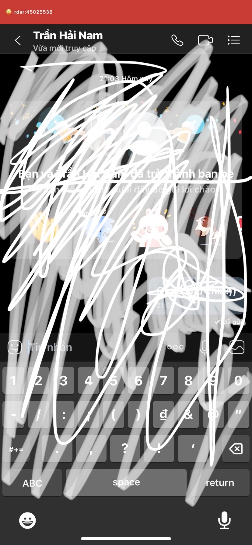iPhone XR screenshot with a red status strip reading rdar colon 45025538 after a Dynamic Island experiment