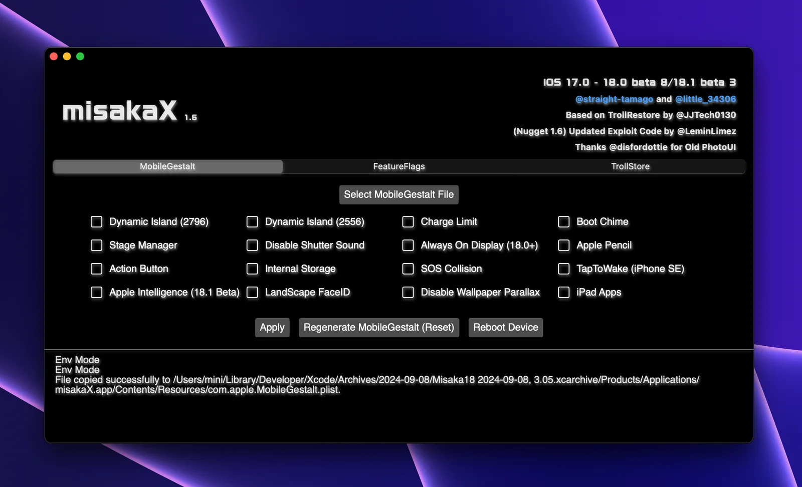 Legacy MisakaX desktop interface on macOS, showing compact feature controls and the diagnostic log area.